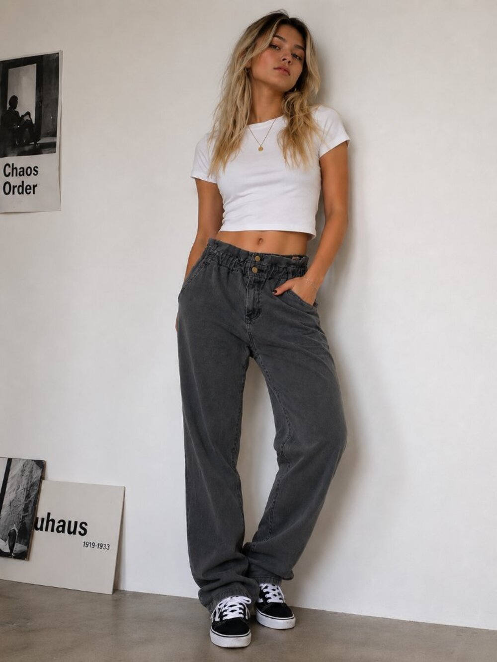 PacSun High Rise Paperbag Waist Jeans Gray Straight Leg Mom Fit Size 28